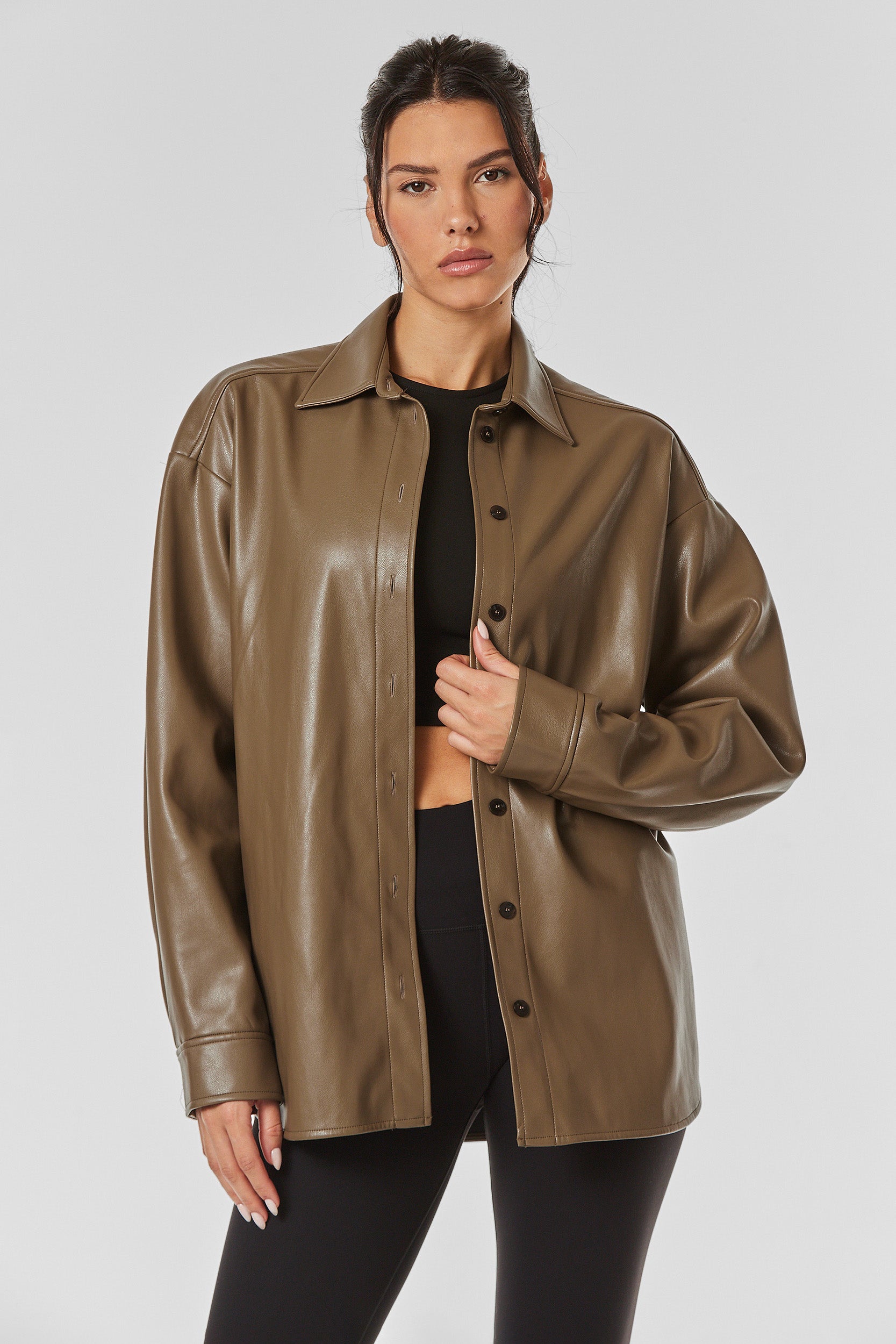 Faux Leather Oversized Shirt - Chai