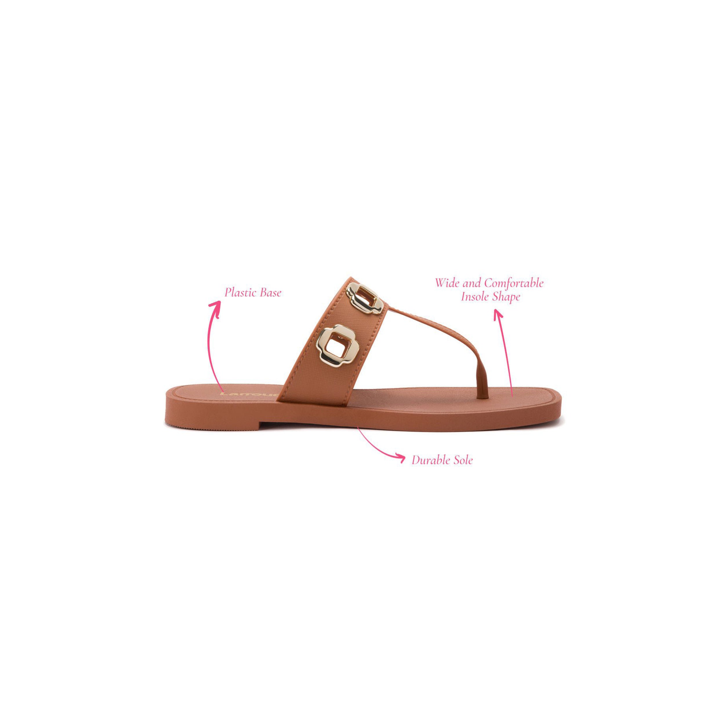 The Milan S In Caramel PVC is a brown flat t-strap sandal with a durable sole, featuring a wide and comfortable insole shape. It has a plastic base and two gold-tone buckle straps across the top. The sandal showcases a classic silhouette, with the heel positioned to the left and the toe to the right when viewed from the side.