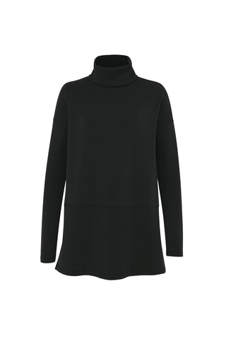 Introducing the Daphne Top - Black from Noli Yoga: a black long-sleeve turtleneck sweater with a simple, minimalist design. Perfect for travel, it offers luxurious comfort with its slightly loose fit and straight hemline.