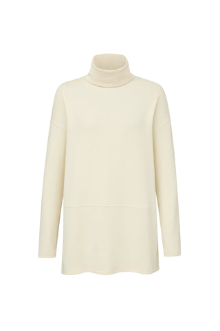 The Daphne Top - Pearl is a cream-colored turtleneck sweater featuring long sleeves, ideal for an effortless on-the-go style. Made from a soft modal blend, it boasts a smooth, seamless design with a relaxed fit against a clean white backdrop.