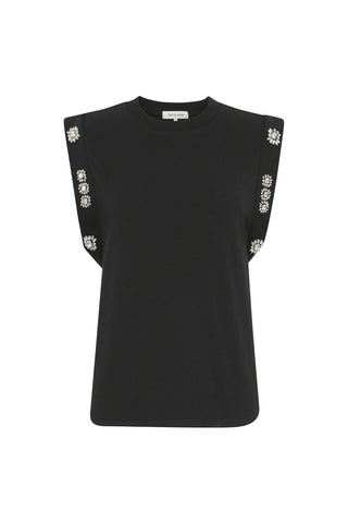 The Dylan Crystal Top by Noli Yoga is a sleeveless black muscle tank featuring wide shoulder pads and clusters of small, shiny embellishments along the seams. Its round neckline complements the smooth, lightweight fabric, giving it a simple yet elegant design perfect for any occasion.