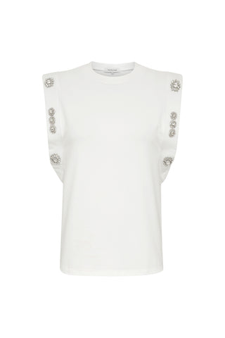 The Dylan Crystal Top - White by Noli Yoga is a sleeveless muscle tank that showcases structured shoulders embellished with vertically arranged silver, floral-shaped crystals. Its round neckline and minimalist design allow the plain white background to accentuate the sophisticated details of this chic garment.