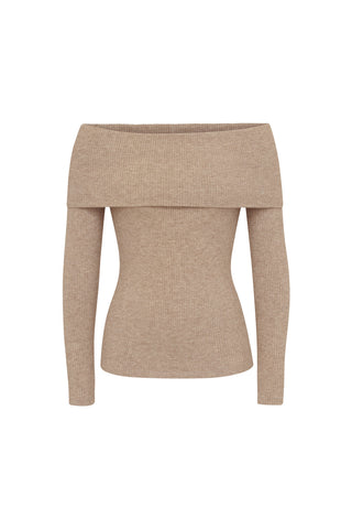 The Amora Top - Praline is a beige, off-the-shoulder, long-sleeve ribbed knit sweater with a wide fold-over neckline. Ultra soft and featuring a fitted silhouette, it appears on a plain white background.