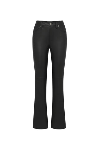 The Kai Leather Pant - Black is a pair of high-rise, black faux leather pants featuring a skinny-flare cut with front pockets, belt loops, and a button closure. They are displayed against a white background.