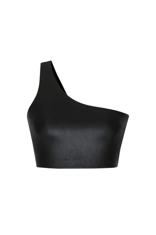 The Liquid Curve Bra - Black Gloss is a single-shoulder, asymmetrical crop top with a sleek, fitted design. Crafted from shiny fabric, it boasts a modern and elegant look amplified by its distinctive style. The Liquid Curve Bra feature guarantees that it's not only stylish but also supportive for any occasion.