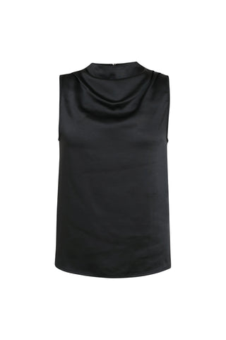 The Mara Top - Black is a sleeveless mock neck blouse crafted from luxurious black satin. It features a high neckline and a slightly loose fit, giving it a smooth and shiny finish that exudes effortless elegance. The back of the top is simple without any visible design details, making it an ideal silky staple piece for any wardrobe.