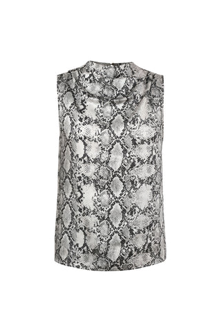 Introducing the Mara Silk Top - Serpent from Noli Yoga, showcasing a striking black and white snake print pattern. This sleeveless essential piece features a cowl neckline and a relaxed fit for a chic, contemporary style. Crafted from silky fabric, it drapes gracefully to enhance its elegant look.