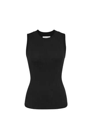 The Talia Top - Black is a sleeveless garment with a mock neck, characterized by its smooth and fitted design. Made of lightweight, ultra-soft rib fabric, it offers a flattering slim silhouette and a simple, elegant look. The background is plain white.