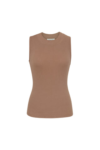 The Talia Top - Java is a sleeveless, fitted tank top in a warm brown hue with a round neckline. Crafted from ultra-soft rib fabric, it provides a flattering slim silhouette designed for a form-fitting look. The garment is displayed on a white background.