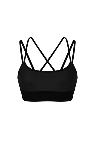 The Liquid Jolie Bra - Black Gloss is a sleek sports bra featuring thin, criss-crossing straps at the back for a stylish and supportive design. Made from moisture-wicking fabric, it provides a smooth, simple finish and stretchy comfort ideal for athletic activities.