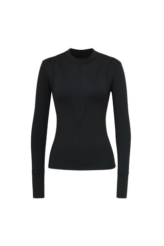 The Aura Top - Black, a fitted shirt with long sleeves, is showcased against a plain white backdrop. With its crew neckline and seam details forming a V-shape on the front, this performance activewear piece seamlessly blends style and functionality.