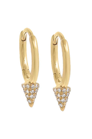 The Diamond Point Huggie Earrings 14K by Adina Eden feature a pair of gold hoop earrings with a pointed triangular charm at the bottom. The charm is embellished with small, clear sparkling crystals and pavé diamonds, offering a sleek and modern design with a luxurious feel, crafted from 14K gold for added elegance.