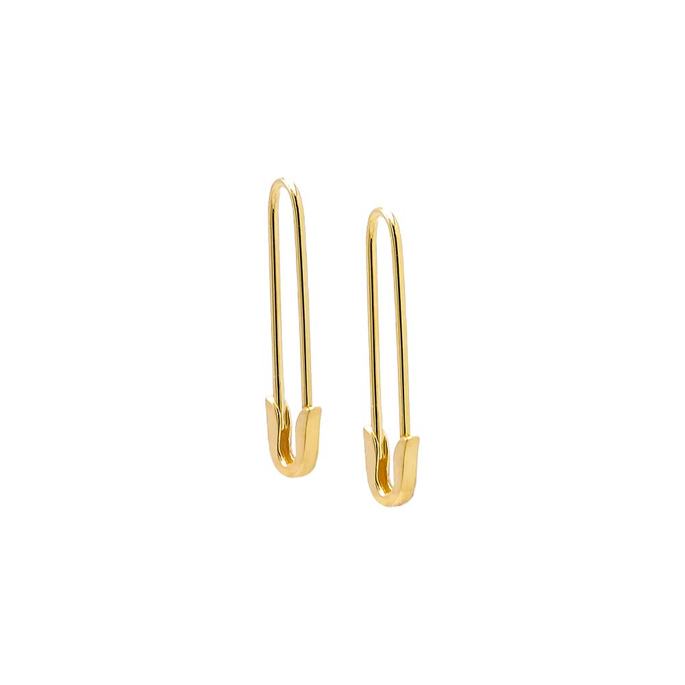 Two elongated Safety Pin Earring 14K by By Adina Eden displayed on a white background, each shaped like an oval loop with the bottom part slightly bent inward, mimicking the look of miniature safety pins.