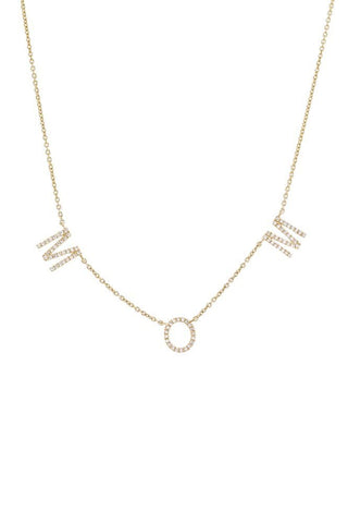 The Diamond Pave Mom Necklace 14K by Adina Eden features the word "LOVE" spelled out in capital letters, each encrusted with tiny natural diamonds and evenly spaced along the chain. This elegant 14K gold initial necklace makes a brilliant statement piece.