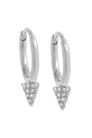 A pair of Diamond Point Huggie Earrings 14K by Adina Eden, featuring silver hoops with attached conical pendants adorned with pavé diamonds and small, glittering stones. The image has a white background, highlighting the shine and details of these elegant 14K gold accented earrings.