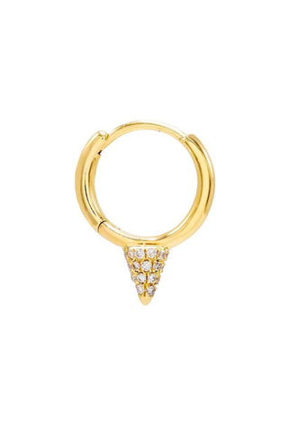 A minimalist and elegant Diamond Point Huggie Earring 14K by By Adina Eden features a small, cone-shaped charm encrusted with tiny pavé diamonds, sparkling brilliantly against a plain white background.