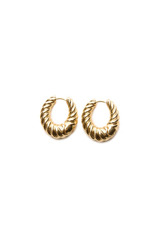 The Carmela Oval Earrings in gold, featuring a twisted rope design and embodying classic elegance, are displayed side by side on a plain white background.