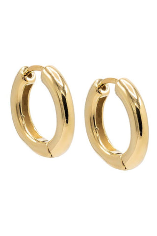 A pair of small, gold-filled, oval-shaped hoop earrings with a smooth, polished finish. The hoops feature a hinged clasp for closure, perfect for an everyday stack. These Classic Tube Hoop Earrings by By Adina Eden offer a sleek and modern appearance.