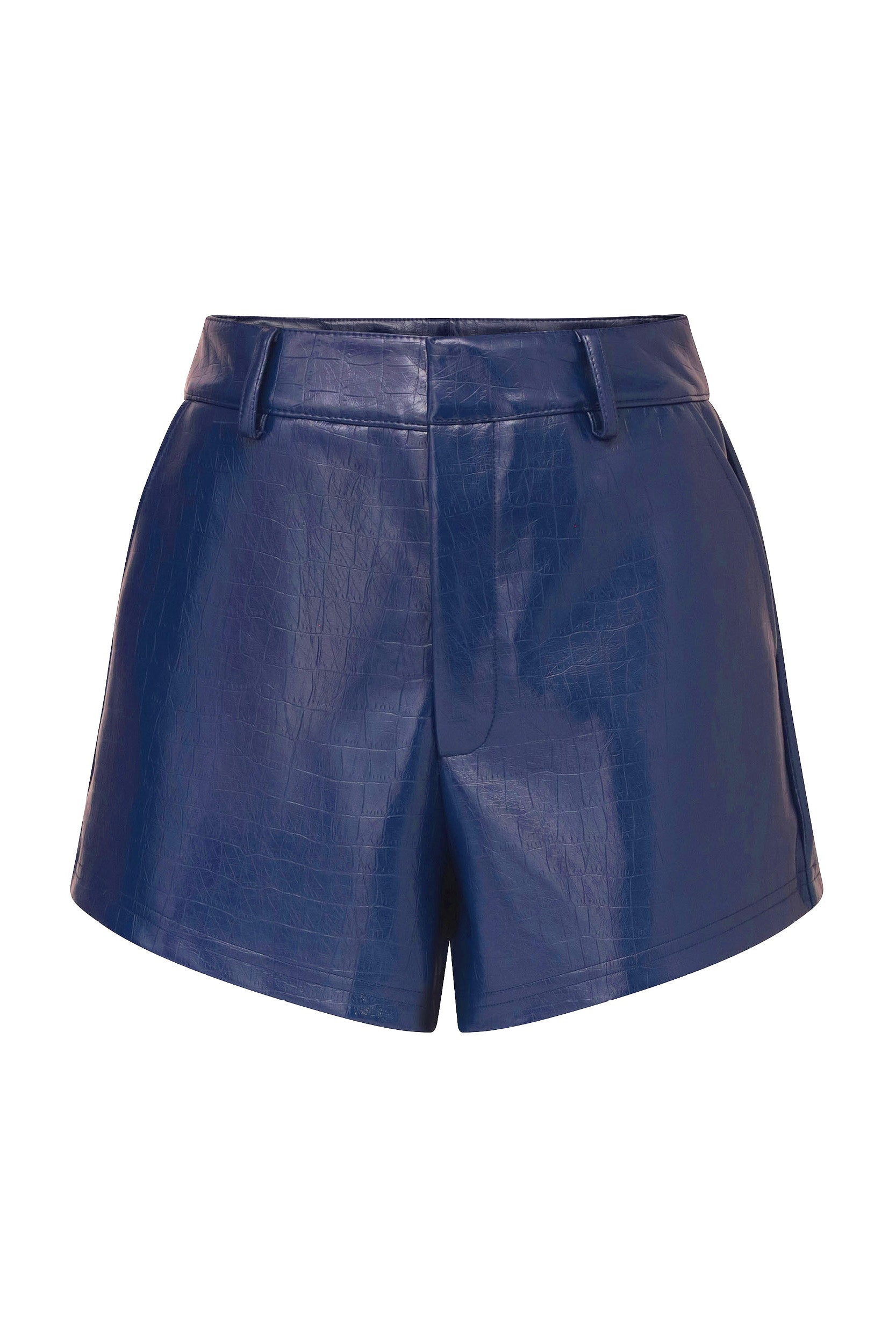 The Croco Faux Leather Short - Midnight Blue is a pair of high-waisted shorts with a slight sheen. These Spring shorts feature belt loops, side pockets, and have a subtle textured pattern for a flattering look.