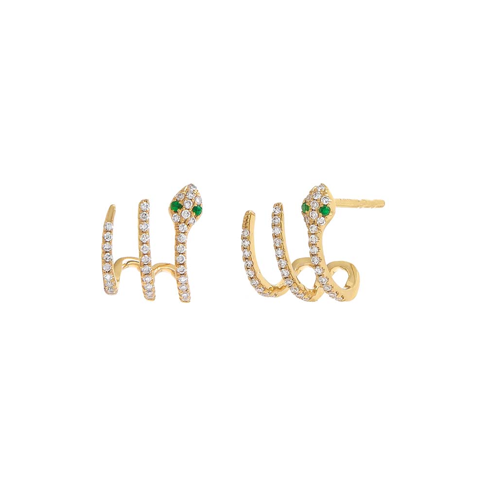 The Diamond Pavé Snake Cage Stud Earrings 14K by Adina Eden are designed to resemble serpents. Each earring features coiled bodies adorned with small white gemstones and heads set with green stones as eyes. One earring is displayed from the front, while the other is shown from the side.