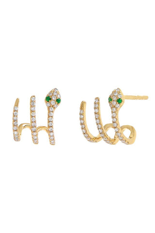 The Diamond Pavé Snake Cage Stud Earrings 14K by Adina Eden are designed to resemble serpents. Each earring features coiled bodies adorned with small white gemstones and heads set with green stones as eyes. One earring is displayed from the front, while the other is shown from the side.