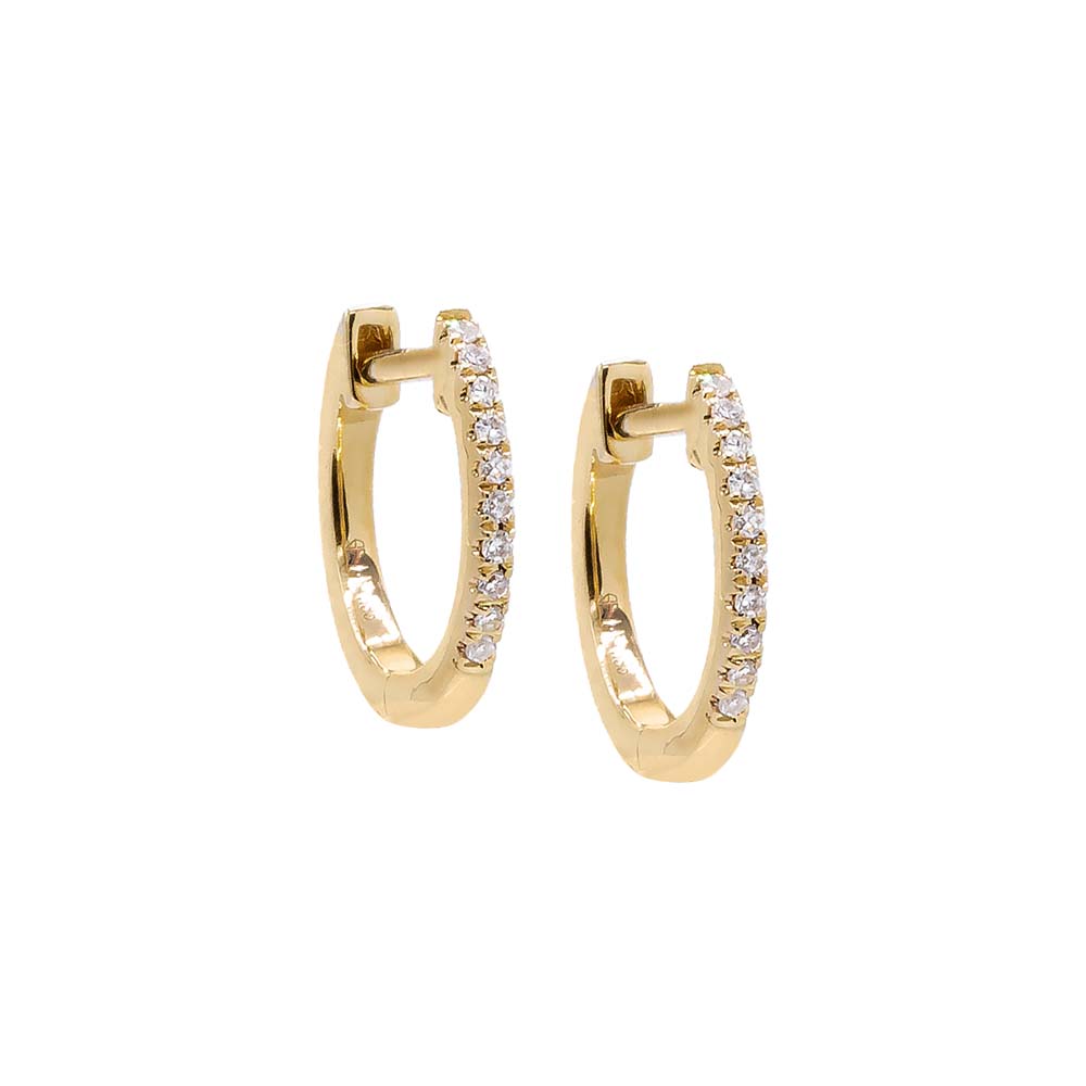 The Diamond Huggie Earring 14K by Adina Eden features a luxurious pair of 14K gold hoop earrings, encrusted with small, sparkling diamonds on the front side. Oval-shaped and boasting a sleek, polished finish, these earrings add a perfect touch of elegance to any ensemble.