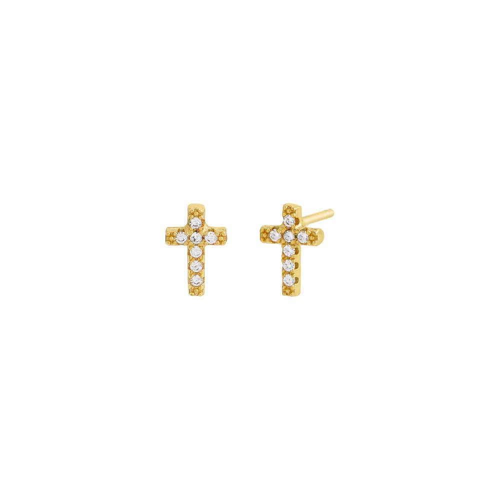 The Mini Pavé Cross Stud Earrings by By Adina Eden are a pair of elegant, gold-plated, cross-shaped stud earrings adorned with sparkling white gemstones. The simple yet sophisticated design features a row of stones along its vertical and horizontal lines, creating a shiny and refined look perfect for any occasion.