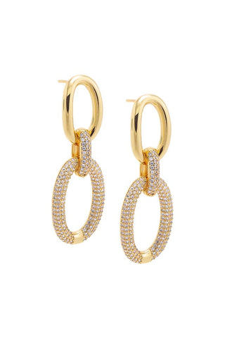 A pair of Solid/Pave Open Circle Drop Stud Earrings by Adina Eden, featuring two interlocking oval-shaped loops. The larger loops are encrusted with small, sparkling crystals, while the smaller loops have a smooth 14K gold plating finish. These CZ link stud earrings come with a post-back closure.