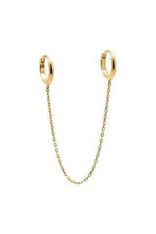 Presenting the Solid Double Chain Huggie Earring 14K by By Adina Eden: a pair of small 14K gold huggie earrings connected by a delicate double chain. The simple, polished hoops attach to either end of the chain, creating an elegant and minimalist design against a plain white background.