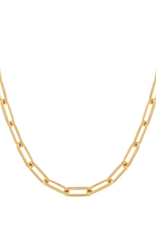 The Large Paperclip Link Necklace by By Adina Eden showcases large, rectangular-shaped gold-plated links in a simple and elegant design. The chain forms a gentle curve, displaying its paperclip link style against a plain white background. This versatile accessory adds understated sophistication to any outfit.