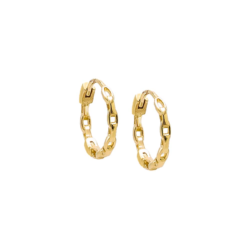 A pair of Solid Chain Link Huggie Earrings 14K by Adina Eden against a white background. The small hoop earrings, positioned side by side, showcase their intricate and detailed links beautifully.