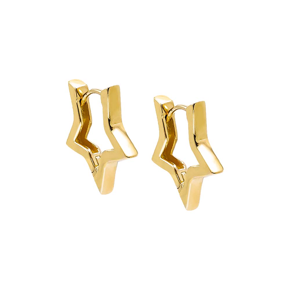 A pair of Solid Star Shape Huggie Earring 14K by By Adina Eden with a smooth, polished finish. The stars have a modern, angular design, and the earrings are displayed against a plain white background. By Adina Eden, these 14K gold huggie earrings measure 15 MM in size.