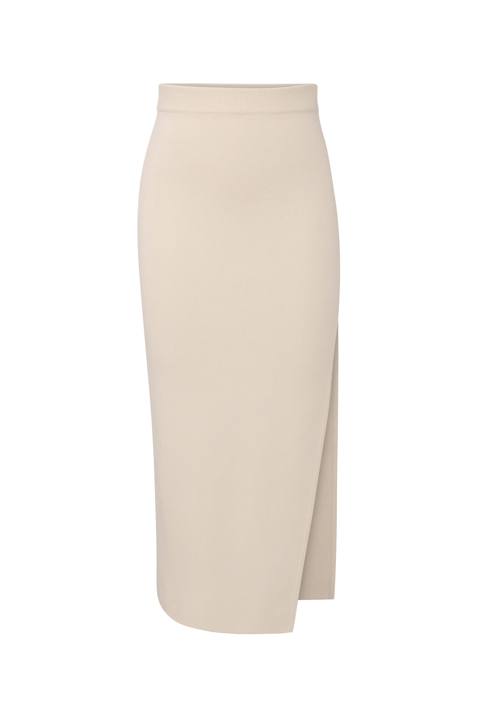 The Hamptons Midi Skirt in Pearl is a high-waisted, slim-fitted beige midi skirt featuring a front slit. Made from textured knit, it showcases a clean and minimalist design without any visible embellishments, making it ideal for both casual and formal occasions.