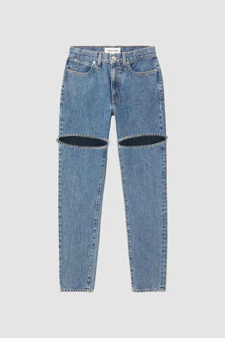 Ivanka Crystal Jean - Medium Blue jeans boast a stylish gap design with chains replacing the knee sections, exuding a sophisticated allure. Displayed on a plain white background for maximum impact.