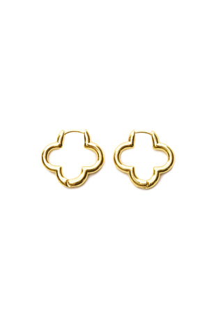 A pair of whimsical Jardin Clover Hoops - Gold, designed in the shape of delicate four-leaf clovers, sits elegantly on a plain white background.