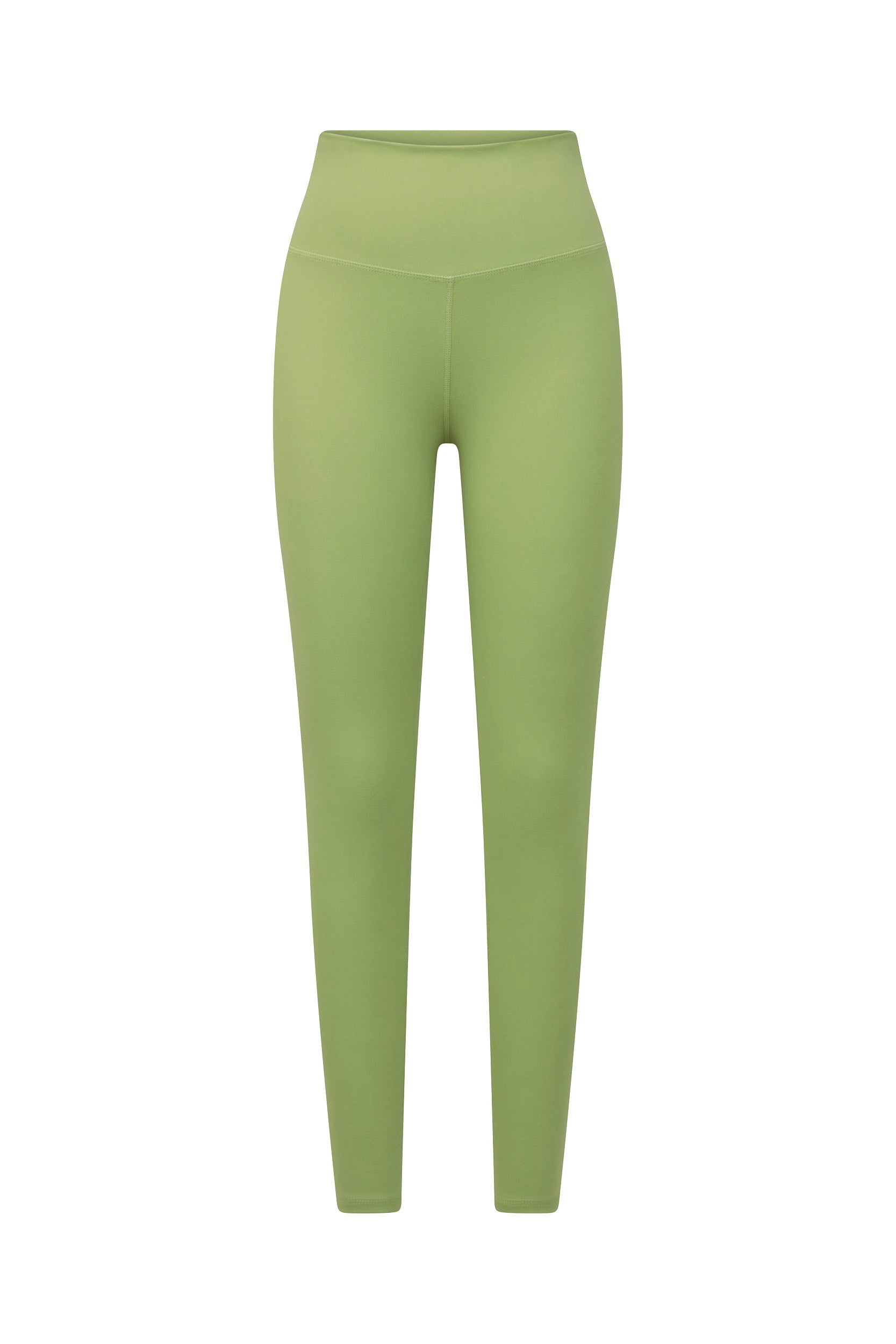 The Limitless Legging - Matcha displayed against a plain white background showcases a pair of high-waisted, full-length green leggings. The sculpting fabric appears smooth and form-fitting. Their simple, unadorned design makes these moisture-wicking leggings suitable for both athletic and casual wear.