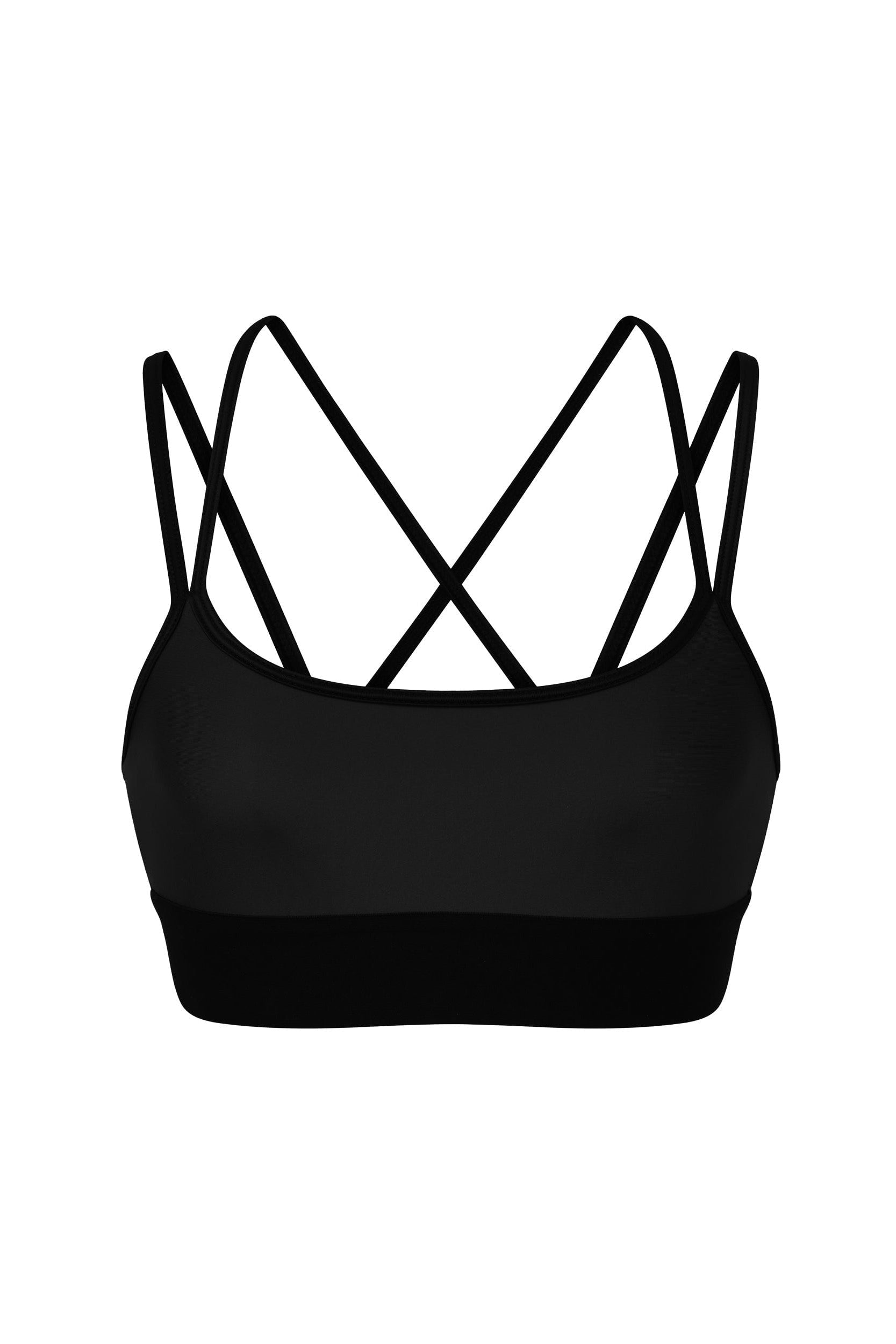 Presenting the Liquid Jolie Bra - Black Gloss: a sleek sports bra distinguished by multiple thin shoulder straps that crisscross at the back, providing exceptional support and comfort. Crafted from 4-way stretch, moisture-wicking fabric, it features a scoop neckline and a wide elastic band at the bottom for an extra secure fit.