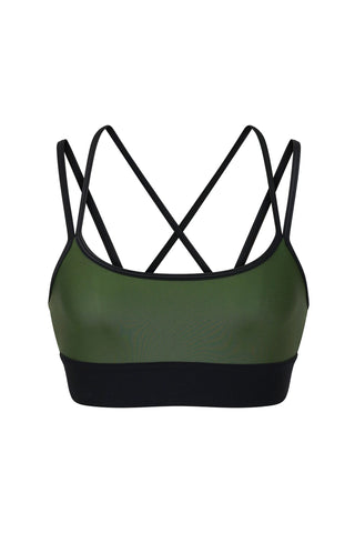 The Liquid Jolie Bra - Hunter is a sports bra made from liquid fabric, featuring a green design with black double straps that cross at the back and a black underband. Its moisture-wicking properties provide comfort during any workout.