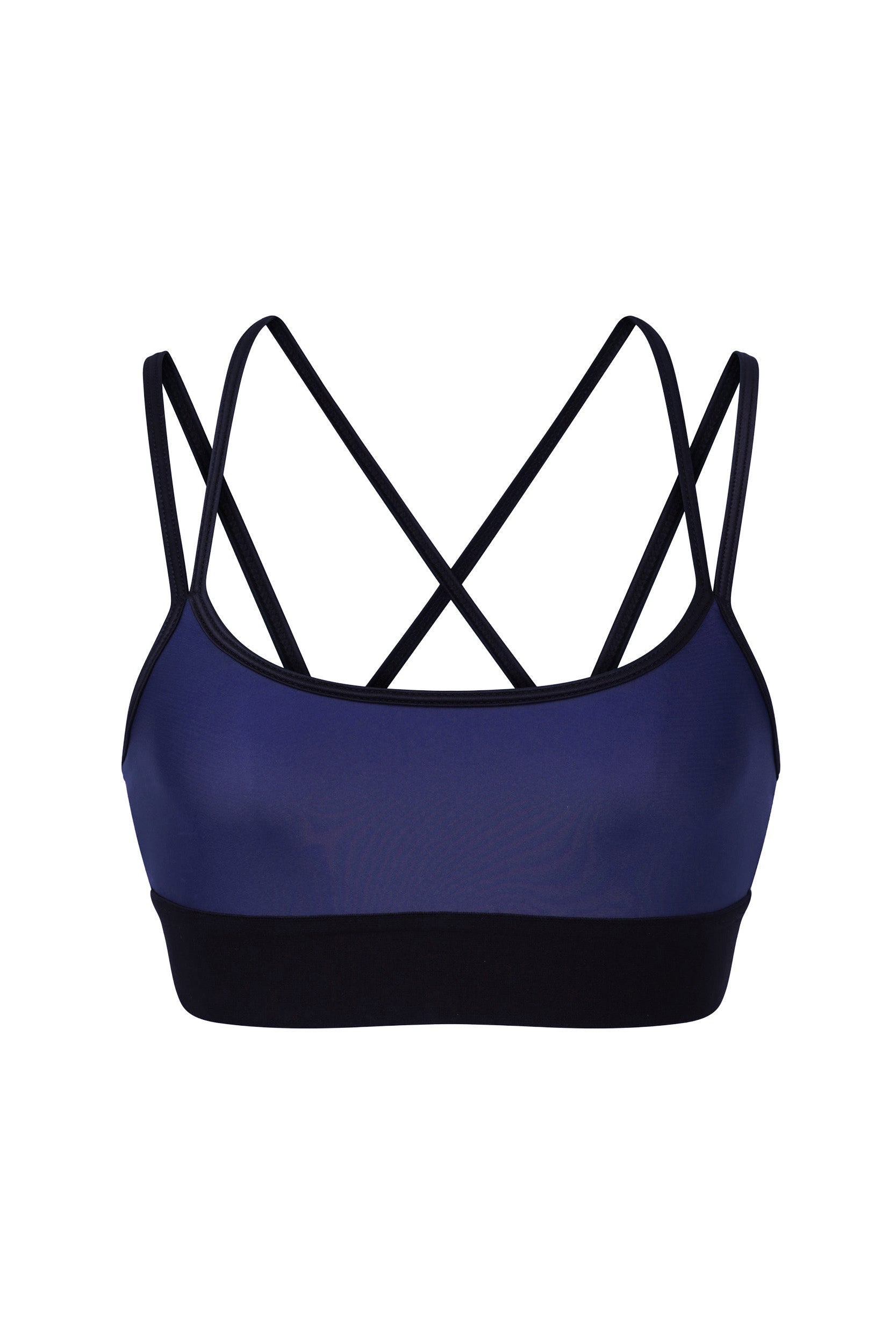 Introducing the Liquid Jolie Bra - Navy: a navy blue sports bra adorned with black trim and crisscrossing straps at the back. Crafted from liquid fabric, it provides moisture-wicking properties and features a broad black band for enhanced support, ensuring a sleek and stylish appearance.