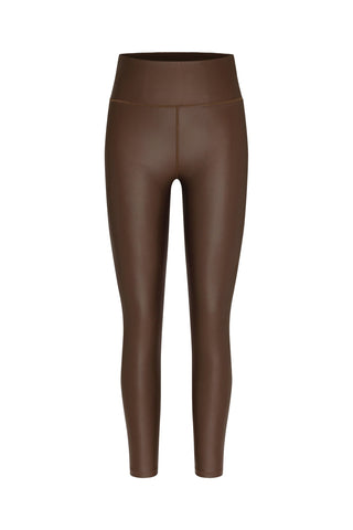 A pair of high-waisted, Liquid Legging - Cafe displayed against a white background. Made with Xtra Life Lycra, these brown leggings feature a smooth, form-fitting design that’s squat-proof and reach down to the ankles.