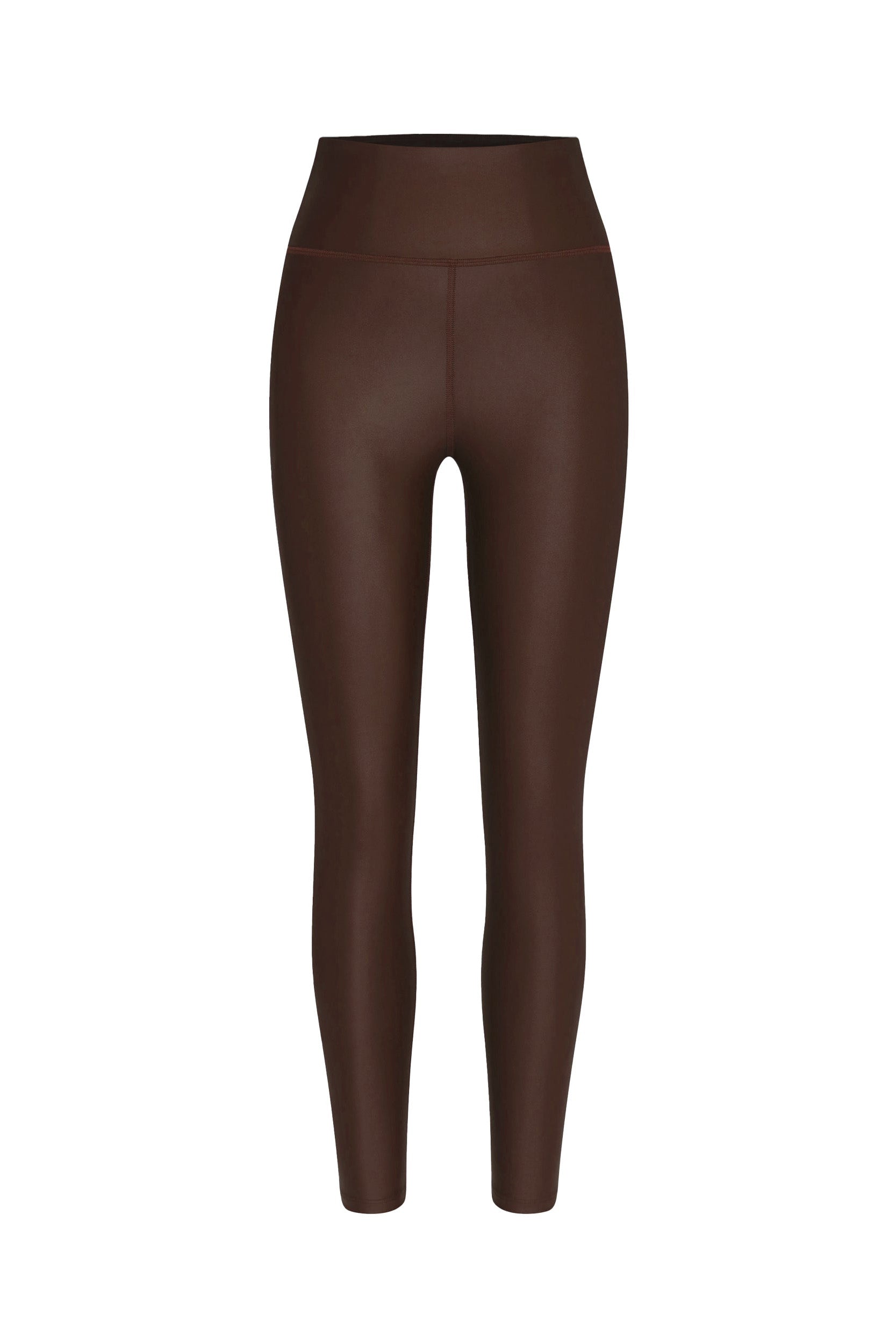 A pair of Liquid Leggings in the rich espresso color, these high-waisted, full-length yoga pants are made from smooth, stretchy material ideal for workouts. They feature a simple, seamless design with no visible logos or patterns.