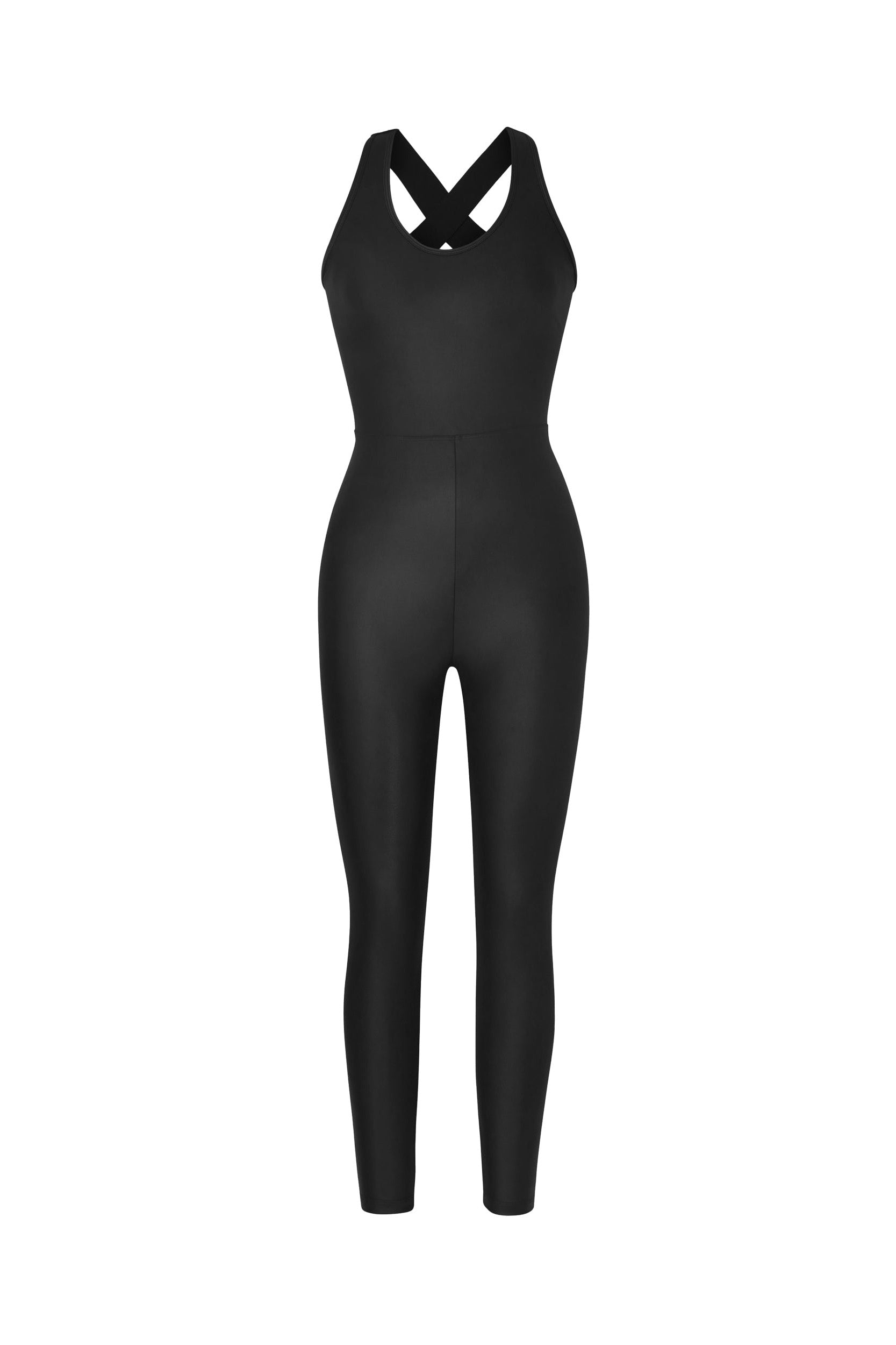 Introducing the Liquid Vixen Jumpsuit - Black Gloss: a form-fitting sleeveless jumpsuit with crisscross straps at the back. This versatile unitard features a high waist and long, tapered pant legs for a sleek and stylish look. The stretchy fabric enhances comfort, making it ideal for active or casual wear.