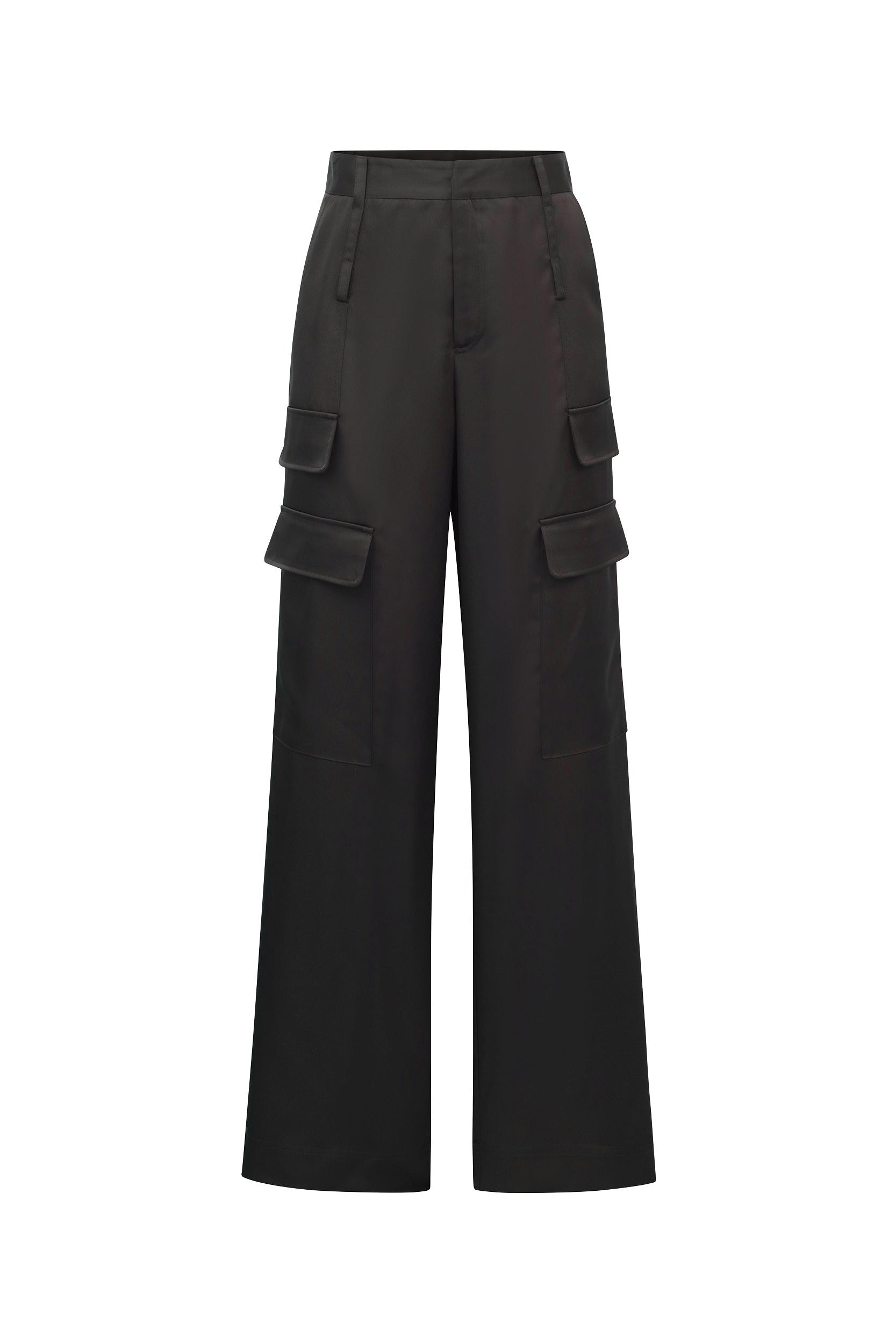 The Milan Satin Cargo Pant in black is displayed, showcasing a mid-rise waist and wide legs. Crafted from luxurious satin fabric, these versatile trousers feature multiple large side pockets and a sleek, minimalist design, complete with belt loops around the waist.