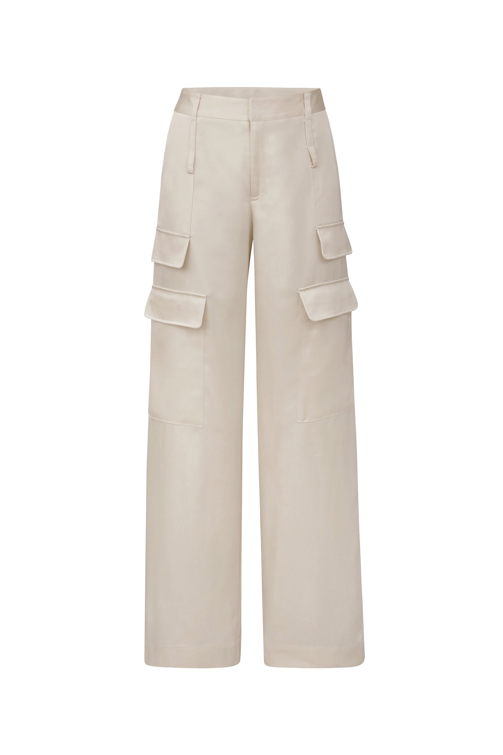 The Milan Satin Cargo Pant - Pearl features a beige, wide-legged design with two large flap pockets on each side. These mid-rise pants include belt loops and are crafted from lightweight, satin-like fabric.