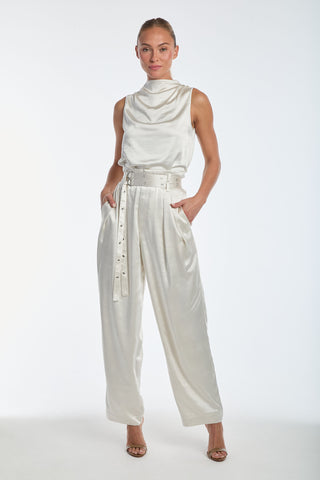 Kora Double Belted Satin Pant - Pearl