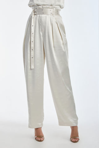 Kora Double Belted Satin Pant - Pearl