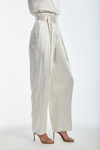 Kora Double Belted Satin Pant - Pearl