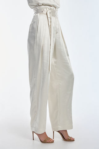 Kora Double Belted Satin Pant - Pearl