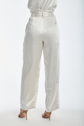 Kora Double Belted Satin Pant - Pearl