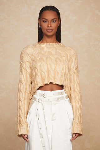 A person stands against a beige, textured background. They are wearing the Metallic Cropped Sweater in gold from Noli Yoga and high-waisted, white belted pants, perfect for a Fall wardrobe. Their hair is styled in long braids. They have a neutral expression and are looking directly at the camera.